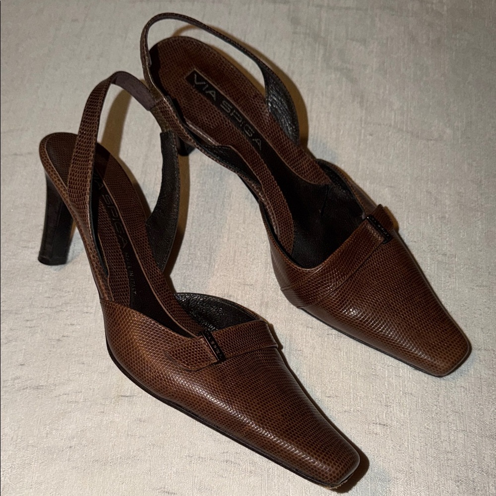 Via Spiga Women’s Italian Made Lizard Embossed Chocolate Slingback Heel Size 8.5 - Picture 2 of 11